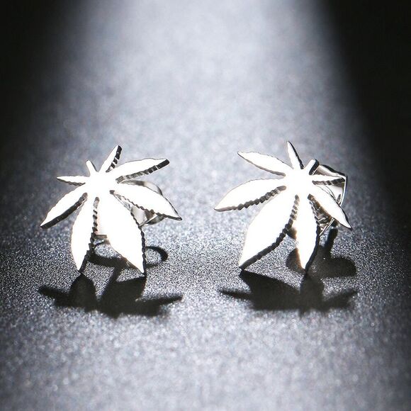 Silver Weed Leaf Stud Earrings, Hypoallergenic Stainless Steel Marijuana Jewelry - Picture 2 of 3